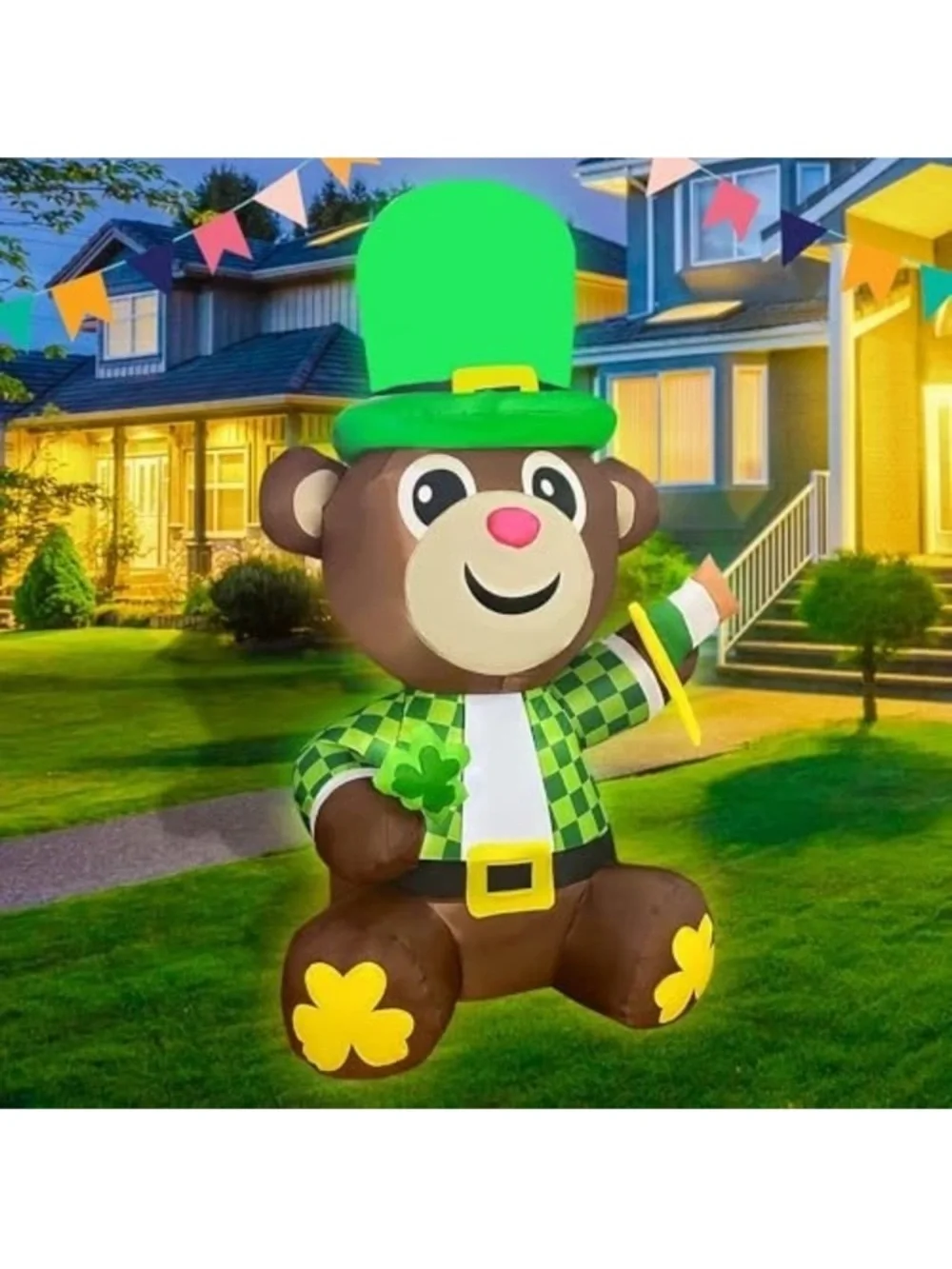 St Patricks Day Inflatable Bear Decoration LED Lighted Blow up for Home 4FT